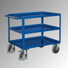 Tischwagen mit Stahlwanne - 3 Etagen - Traglast 400 kg - 495 x 845 mm (BxT) - Griff waagerecht - enzianblau online kaufen - Verwendung 1