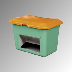 Streugutbehälter für Streusalz, Winterstreumittel, Futtermittel, mit Entnahmeöffnung, 200 l Volumen, 640 x 890 x 600 mm (HxBxT), grün/orange GFK