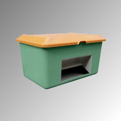 Streugutbehälter für Streusalz, Winterstreumittel, Futtermittel, mit Entnahmeöffnung, 400 l Volumen, 670 x 1.210 x 820 mm (HxBxT), grün/orange GFK