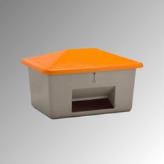 Streugutbehälter für Streusalz, Winterstreumittel, Futtermittel, mit Entnahmeöffnung, 550 l Volumen, 780 x 1.340 x 990 mm (HxBxT), grau/orange GFK
