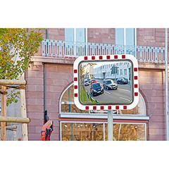 Verkehrsspiegel, Rahmen, Spiegelfläche Edelstahl, rot reflektierender Blickfangrand, mit Halterung, BxH 800x600 mm