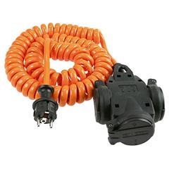 Spiralkabel orange,H07BQ-F 3G1,5, 3-fach Vollgummi-Verteilersteckdose, Industrie + Bau IP 44, Spiral Länge 1 m, Nutzlänge 5 m