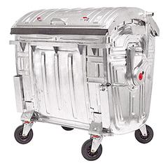 Stahl-Müllgroßbehälter nach EN 840-6, Volumen 1100 l, fahrbar, verzinkt, ohne Kammleiste, mit Kindersicherung, BxTxH 1370x1115x1470 mm