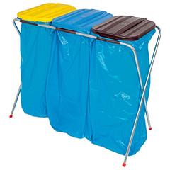 Müllsackständer für 3x70-l-Müllsäcke, mit Klemmring, stationär, mit Kunststoffdeckel je 1 x schwarz, gelb und blau, BxTxH 960x410x810 mm