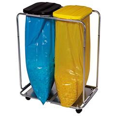 Müllsackständer für 2 x 120-l-Müllsäcke, mit Klemmring, fahrbar, mit Kunststoffdeckel je 1 x schwarz und gelb, BxTxH 770x500x980 mm
