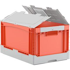 Falt-/Klappbox, PP, LxBxH auß/inn 600/570x400/370x320/310 mm, Vol. 65 l, Boden + Wände geschlossen, mit Deckel, Farbe orange