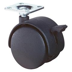 Kunststoff-Doppelrolle m. Festst., schwarz, Durchm. 50 mm, Traglast 40 kg, Anschraubplatte, für weiche Böden, VE 8 Stück