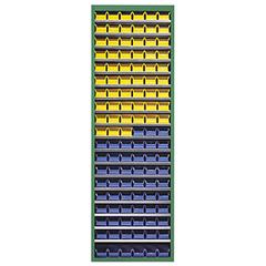 Magazinschrank, ohne Türen, RAL 6011 resedagrün,  BxTxH 680x280x2150 mm, Anzahl Kästen: 57 xGr. 5 gelb, 57 x Gr. 5 blau