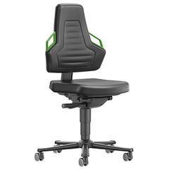 Arbeitsdrehstuhl mit autom. Gewichtregulierung, Sitz Kunstleder schwarz, Griffe grün, Rollen, Sitz Höhe 450-600 mm