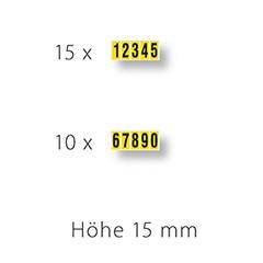 Ziffern 0-9, selbstklebend, Schrifthöhe 15 mm, VE 550 Etiketten mit 66x1-5 und 44x6-0, Schrift schwarz, Etikett gelb