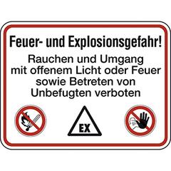 Hinweisschild, Brandschutzkennzeichnung, Feuer und Explosionsgefahr, Alu, 400x300 mm