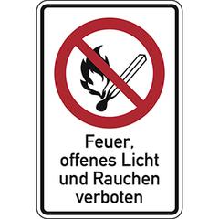 Verbotsschild, Feuer, offenes Licht und Rauchen verboten, Alu gelocht, 300x200 mm