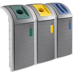 Kunststoff-Wertstoffsammler, BxTxH 500x450x1100 mm, Korpus telegrau, 3 Einsätze: grün, gelb, blau, inkl. Sticker